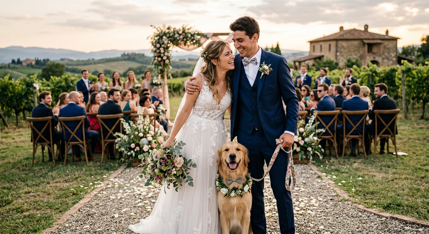 Sposi a braccetto con il loro golden retriever, in fiore all'occhiello, lungo il corridoio della cerimonia in un vigneto toscano