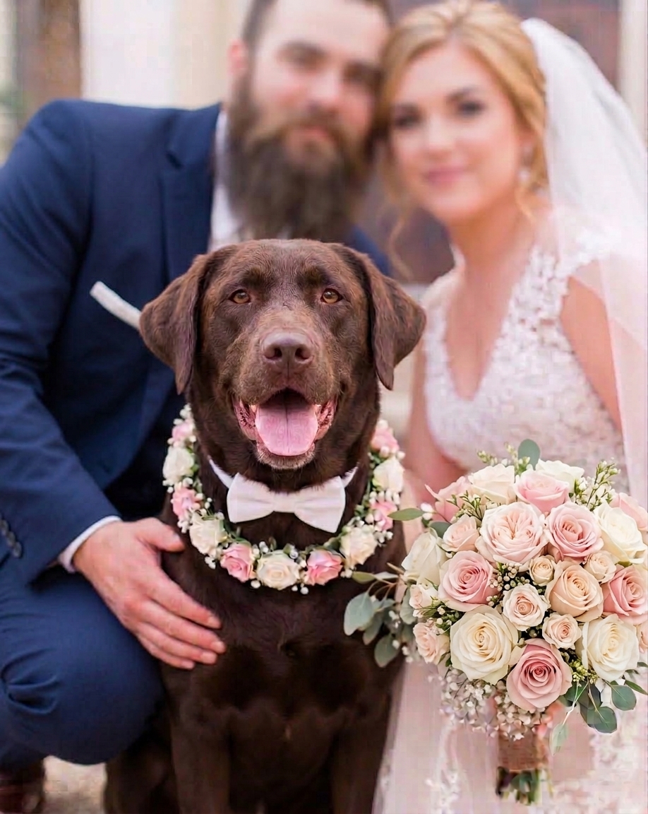 Labrador cioccolato con papillon bianco e collare di rose, accucciato tra gli sposi con il bouquet